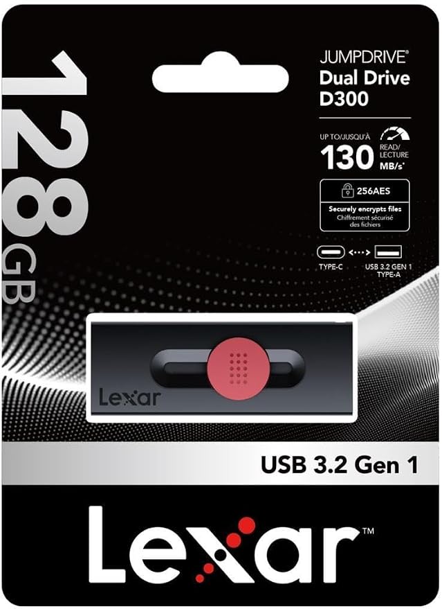 Lexar 128GB D300 Dual Drive Type-C and Type-A USB 3.2 Flash Drive-130MB/s