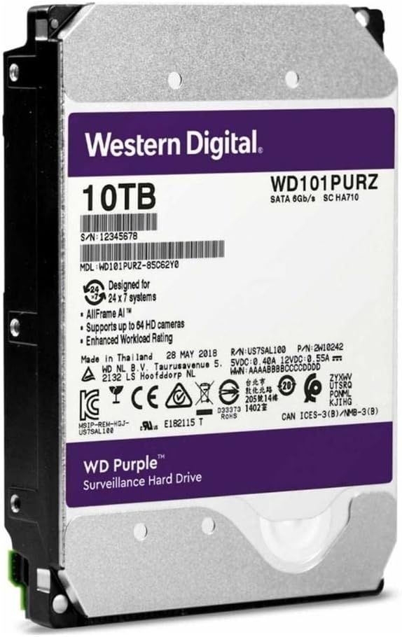 WD Purple 10TB Surveillance Hard Disk Drive - 5400 RPM Class SATA 6 Gb/s 256MB Cache 3.5 - WD100PURZ 3